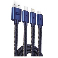 EXPLOYD EX-K-843 Кабель 3в1 USB - microUSB/Lightning/TYPE-C 1М 2.1A JEANS круглый синий