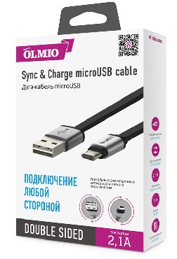 OLMIO Дата-кабель USB - microUSB 2.1А 1М плоский черный (38703)