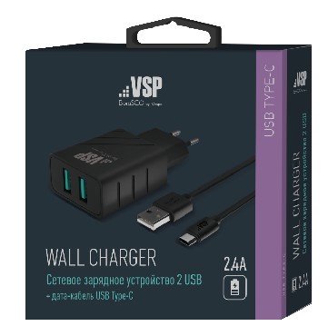 BORASCO Сетевое зарядное устройство 2 USB, 2,4A + Дата-кабель TYPE-C, 1м, черное (37264)