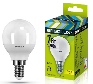 ERGOLUX LED-G45-7W-E14-3K (Эл.лампа светодиодная Шар 7Вт E14 3000K 172-265В)